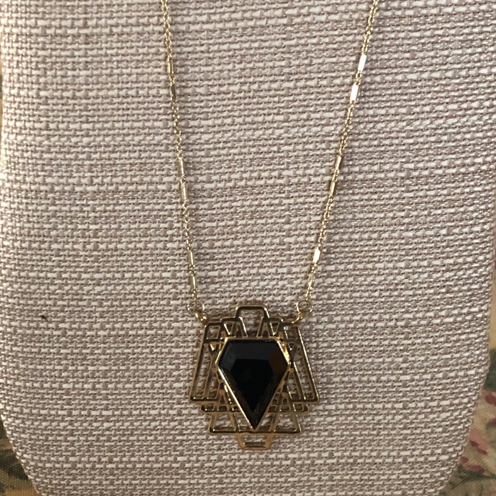 Gold Necklace Art Deco Black Center Stone Rollo Gold plated Chain Vintage 24” - Picture 2 of 10